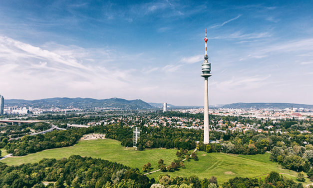 Rauf auf den Donauturm male die Wiener Skyline